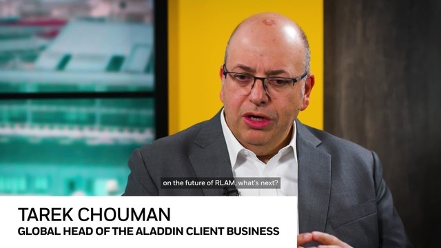 Tarek Chouman speaking at a BlackRock fireside chat event, sharing insights on the Aladdin platform and investment technology strategy